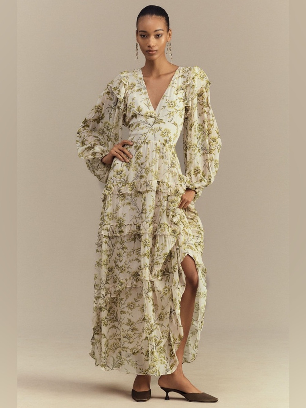 BHLDN Liana Printed V Neck Long Sleeve Maxi Dress‎ Floral Small